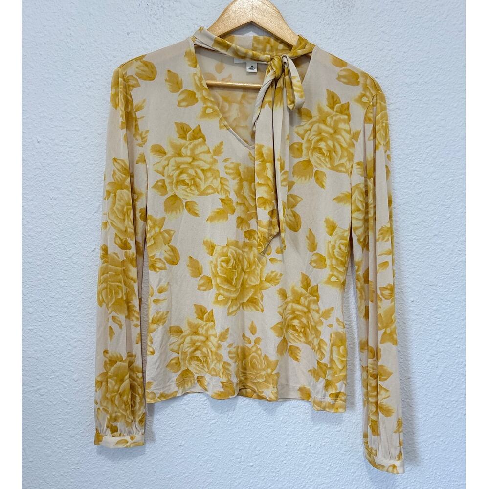 y2k silk mesh top banana republic floral rose tie neck blouse sheer vintage